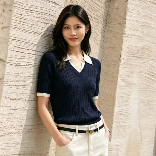 桑蚕丝凉感假两件翻领藏青色大码短袖针织衫2026夏季新款T恤上衣