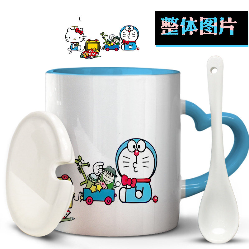 潮机器猫哈喽kitty凯蒂叮当猫刻字简约印图高颜值马克杯陶瓷水杯图片