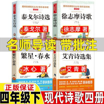 四年级下册现代诗歌冰心繁星春水艾青泰戈尔诗选徐志摩诗歌4四年级现代诗歌诗集名师导读带批注天地出版社人民教育出版社配套阅读