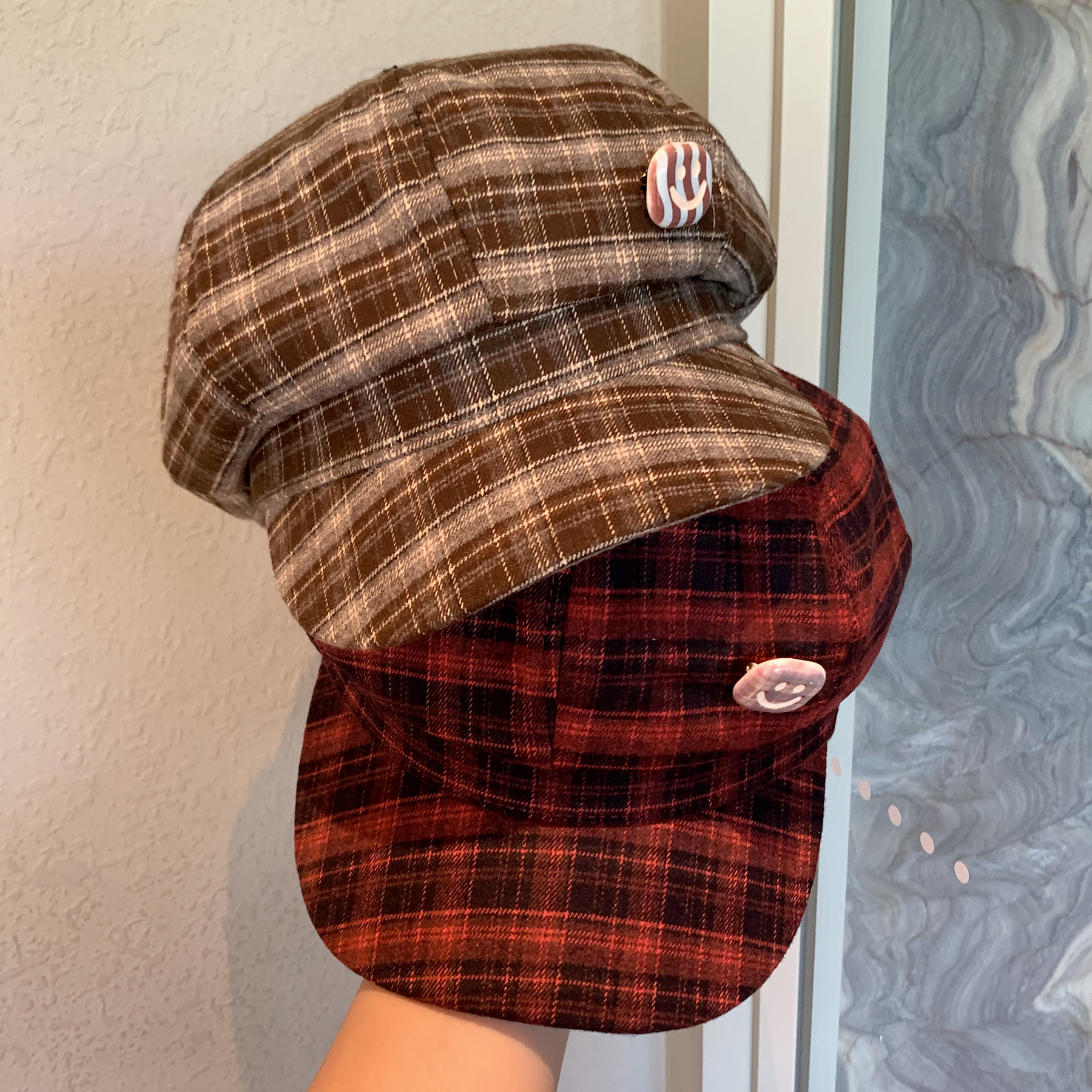 红色格子毛呢八角帽女秋冬