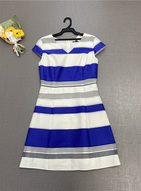 大牌正品清仓P家PROW76552C气质优雅圆领撞色条纹中长款连衣裙女