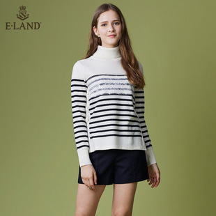 大牌正品 清仓依恋74V04A高领针织毛衣撞色卷边条纹拼接蕾丝套头