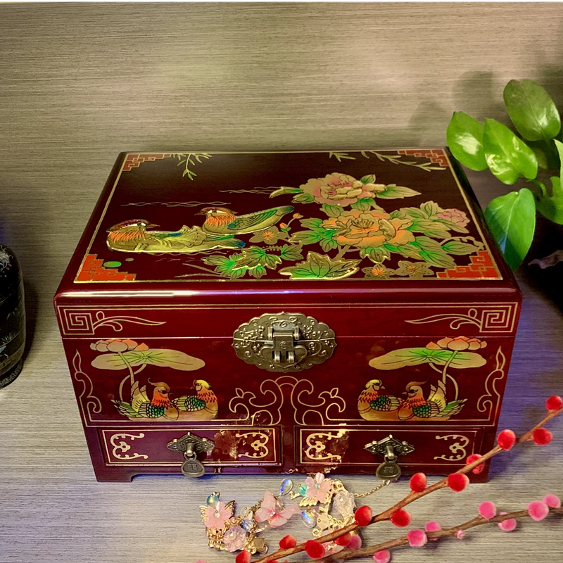 正品平遥红色推光漆器首饰盒复古结婚收纳木质实木鸳鸯送礼纯手工