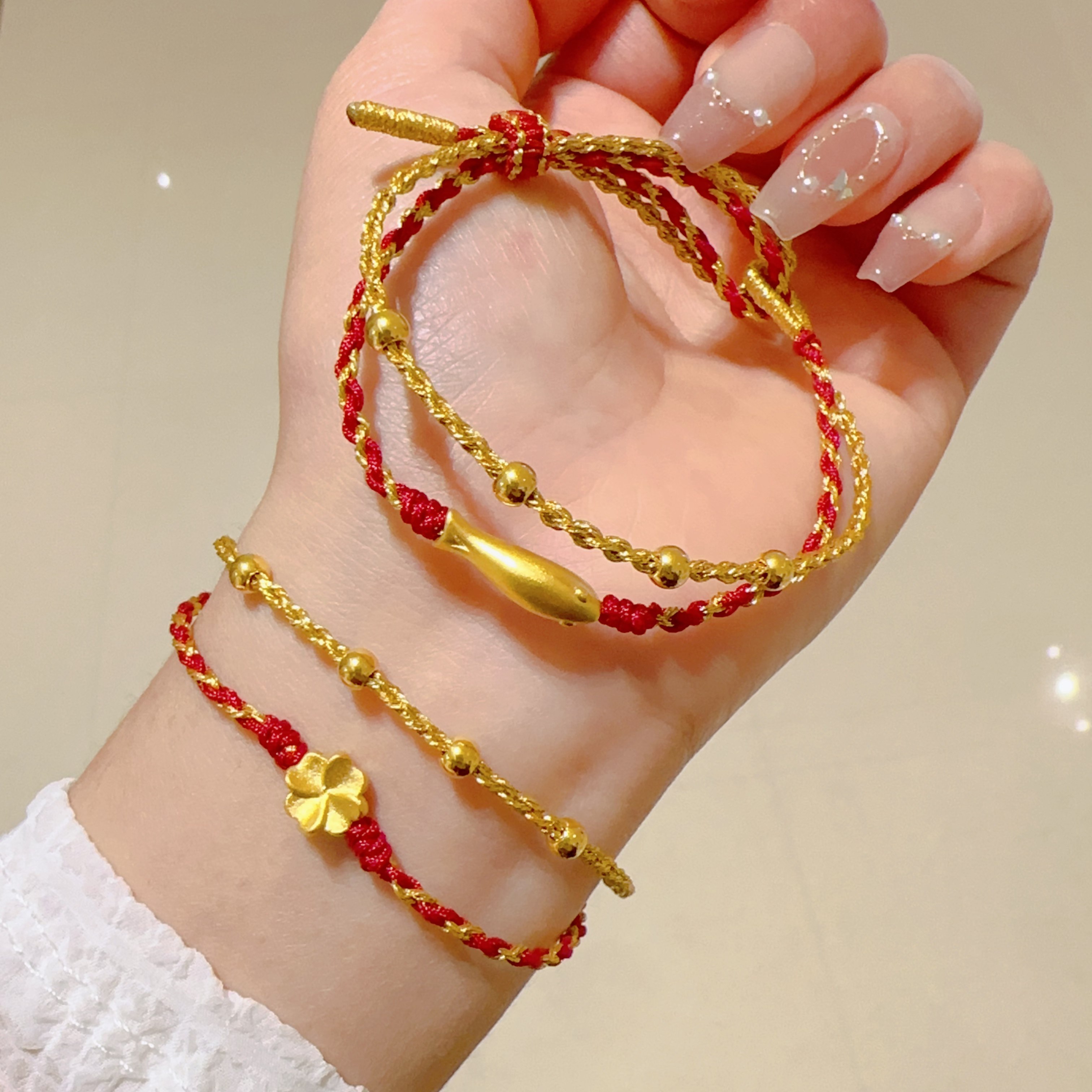 黄金四叶草葫芦小金鱼手链女红绳