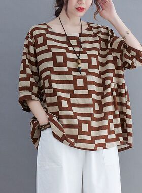 纯棉大码格子短袖T恤女2025年新款中年妈妈夏装宽松休闲遮肚上衣