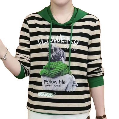 条纹上衣打底衫春秋新款妈妈连帽