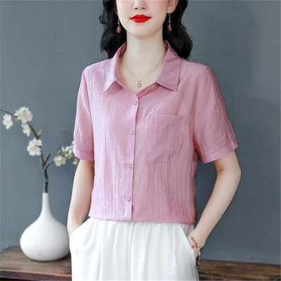 时尚夏季棉麻短袖衬衫女新款妈妈
