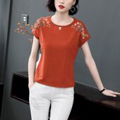 t恤女绣花上衣2025夏装 新款 中老年妈妈宽松大码 纯棉短袖 洋气小衫