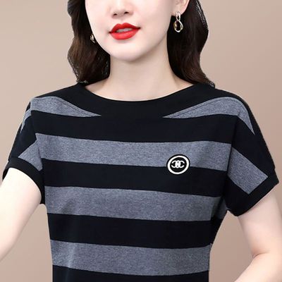 条纹短袖t恤女夏装纯棉大码上衣