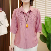 宽松显瘦洋气小衫 新中式 上衣 新款 妈妈装 国风刺绣棉麻衬衫 女士夏装