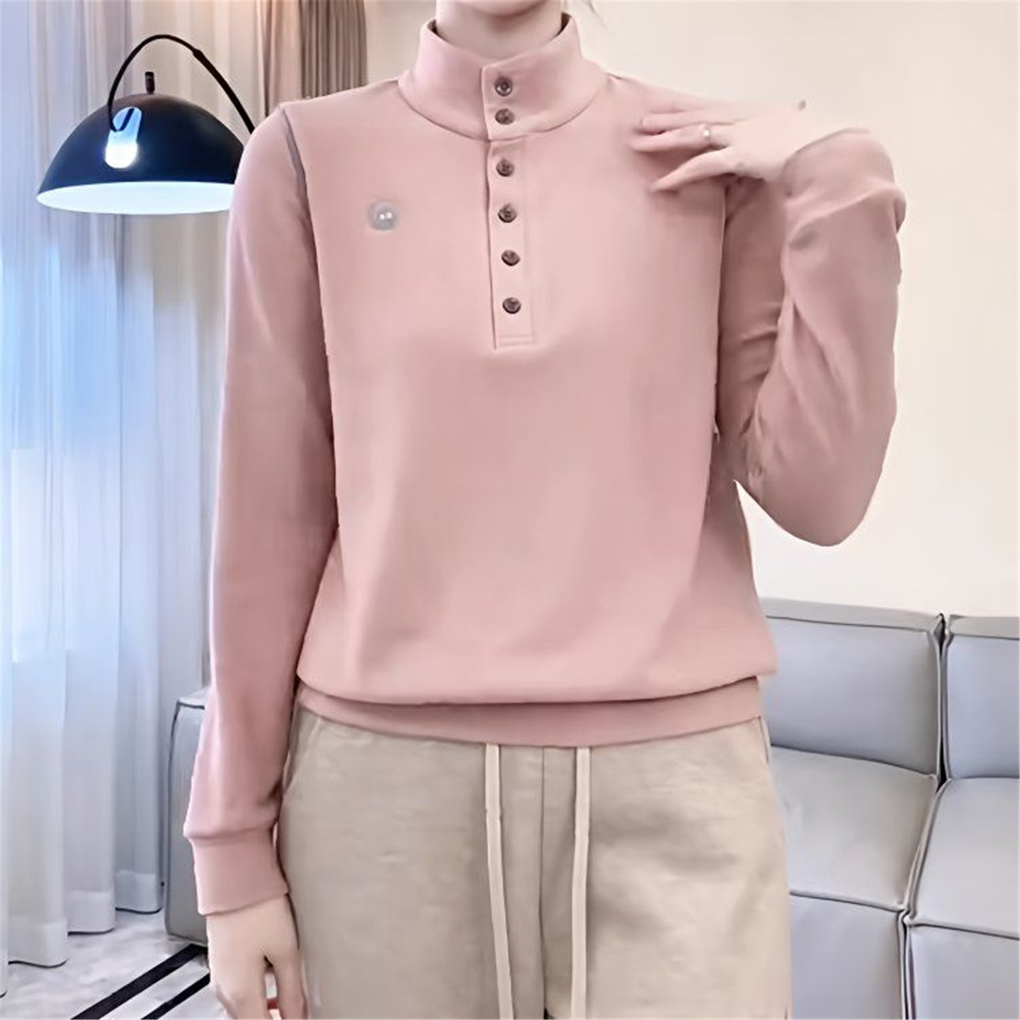 撞色半开领刺绣德绒打底衫女秋冬