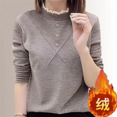 中年妈妈秋冬装 上衣 女花边半高领显瘦长袖 新款 加厚德绒内搭打底衫