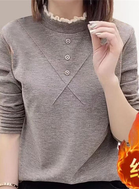中年妈妈秋冬装新款加厚德绒内搭打底衫女花边半高领显瘦长袖上衣