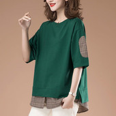 中年妈妈夏装 T恤宽松假两件纯色上衣 格子拼接圆领中袖 中长款 大码