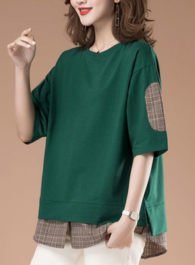 中年妈妈夏装中长款大码格子拼接圆领中袖T恤宽松假两件纯色上衣