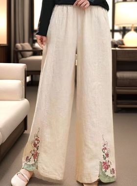 中老年妈妈装夏季薄款女裤子宽松高腰阔腿裤民族风绣花休闲九分裤