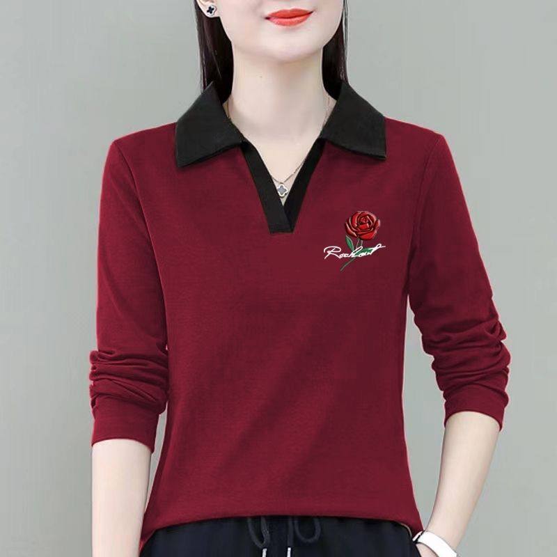 纯棉长袖t恤女2025年春秋新款大码翻领宽松印花休闲运动妈妈上衣