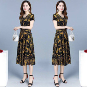 新款 女装 中老年妈妈装 夏季 时尚 碎花连衣裙大码 宽松显瘦中长款 裙子