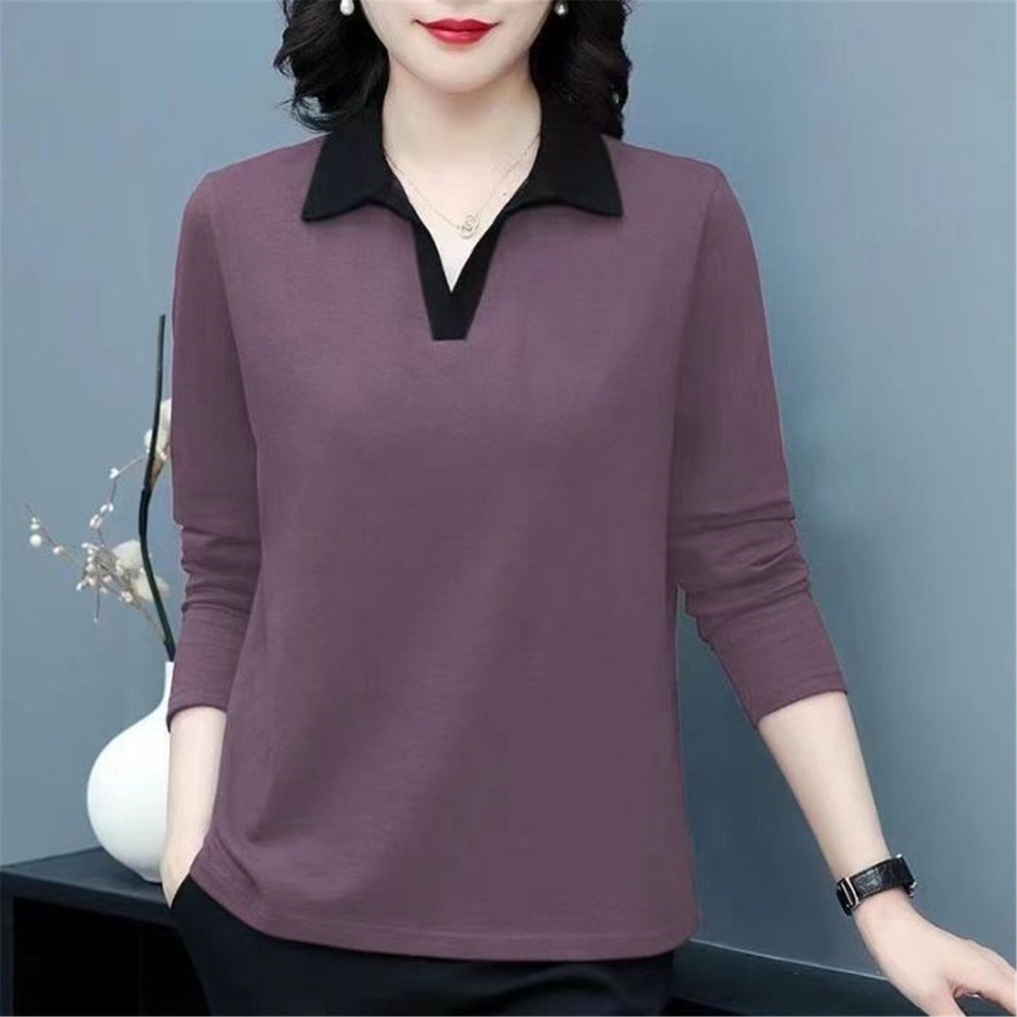 中年妈妈装春秋季大码纯棉长袖翻领t恤女宽松显瘦纯色上衣打底衫,女装/女士精品,大码内搭,淘宝优惠券,粉丝福利购,淘宝优惠卷