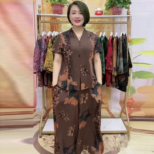 短袖两件套复古冰丝妈妈夏装新款