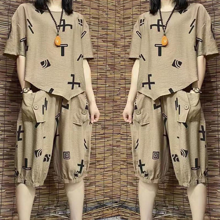 棉麻套装女夏季2025年新款中老年妈妈洋气减龄时尚休闲女装两件套