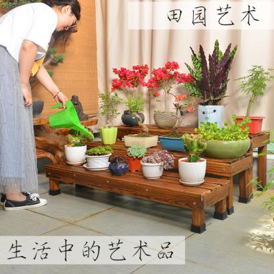 碳化木花架子单层阶梯花凳实木置物架客厅阳台防腐木盆景架落地式