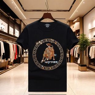 努尔凯帝欧站时尚烫钻短袖轻奢休闲韩版修身男士t恤衫夏季透气