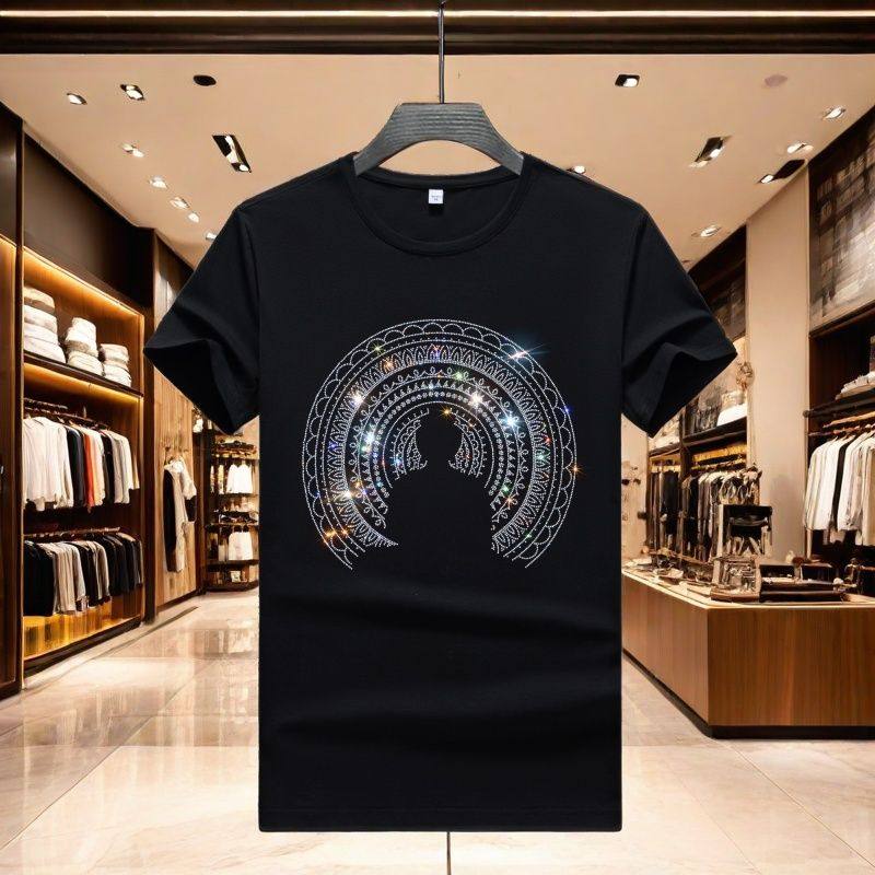 2025时尚烫钻短袖轻奢休闲韩版修身男士t恤衫夏季透气ins青年圆领