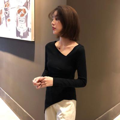 。紧肩露肩长袖t领女斜身内搭上z衣春季女装个性不规则v恤打底衫