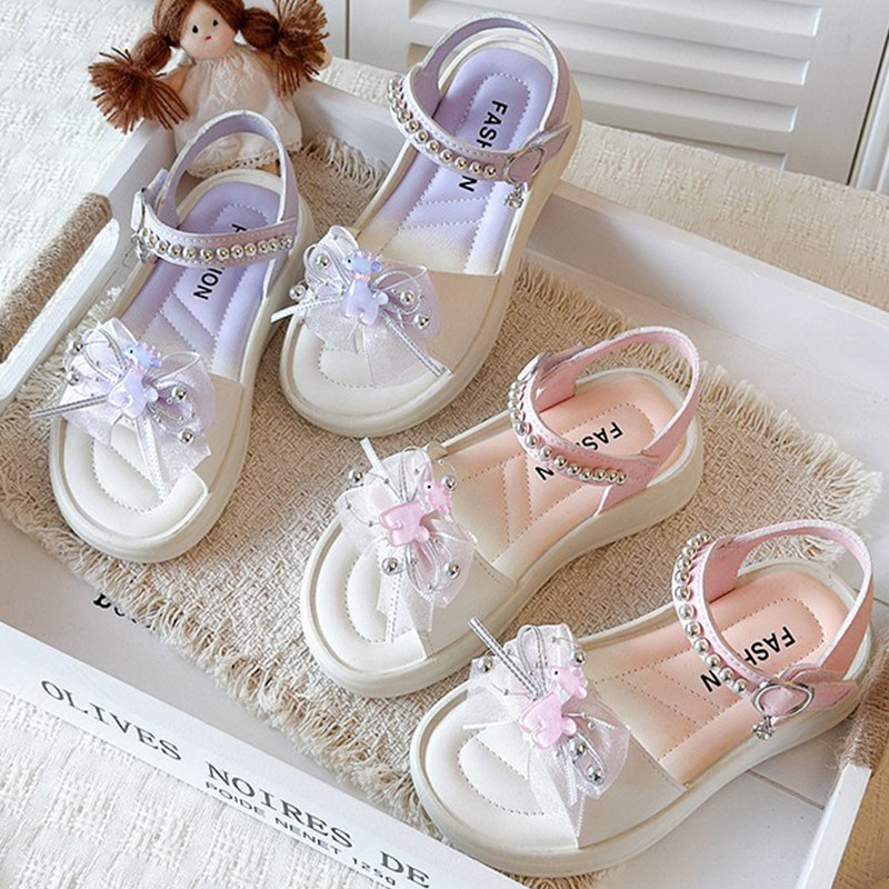 女童凉鞋夏季新款公主风蝴蝶结儿童露趾软底防滑中大童学生鞋童鞋