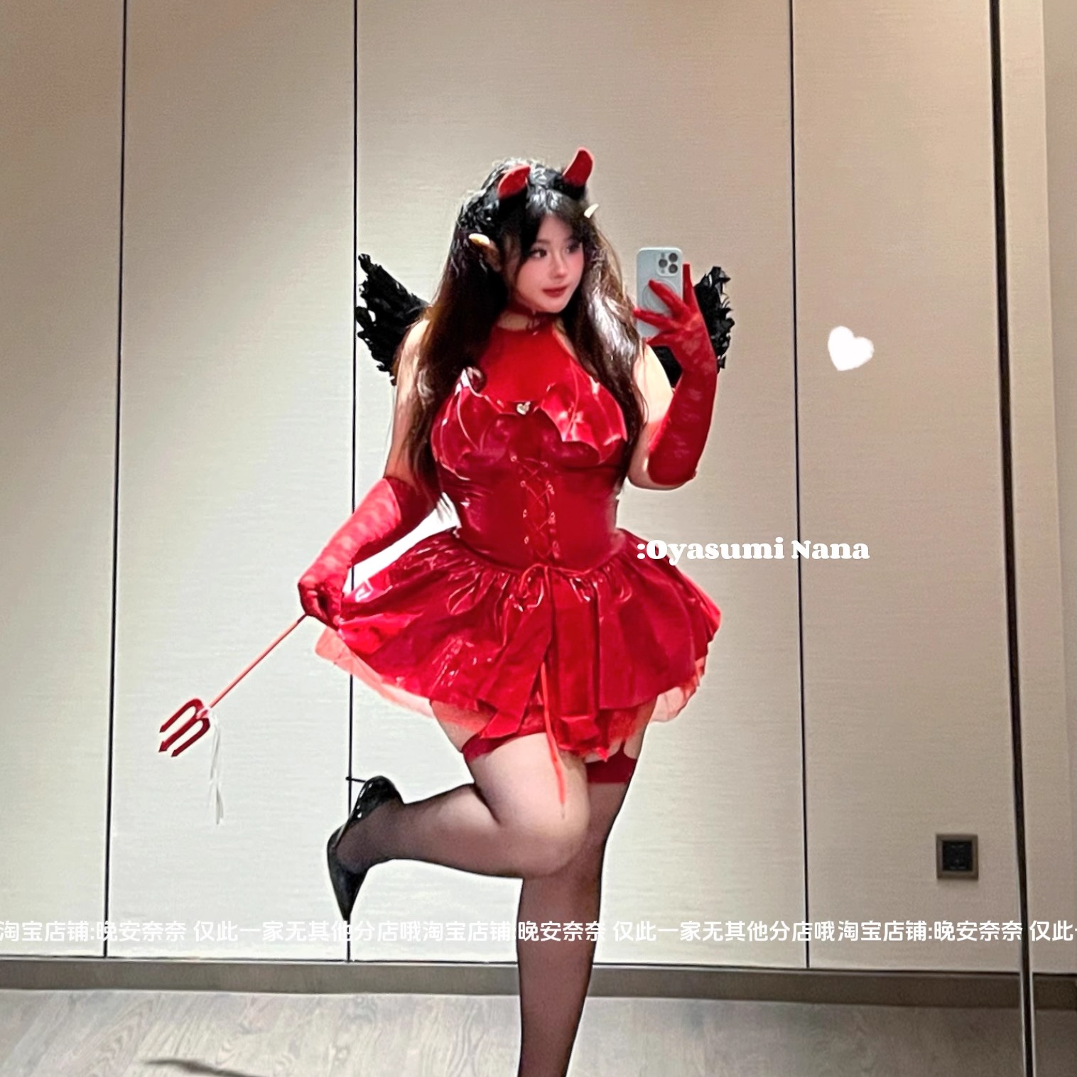 晚安奈奈 恶魔甜心！万圣节DY红色大码漆皮微胖连衣裙制服套装