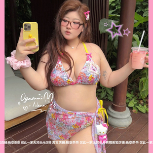 大碼 性感純欲碎花比基尼海邊度假泳衣三件套 櫻花k門 晚安奈奈