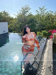 晚安奈奈 扎染遮肚比基尼三件套 橘子海 微胖mm显瘦泳衣欧美大码