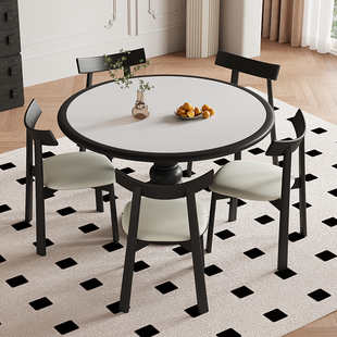 侘寂风实木内嵌餐桌圆形全托复古黑色高端中古风北欧哑光岩板餐桌