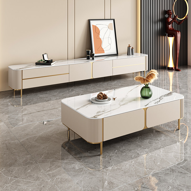 轻奢岩板茶几电视柜组合简约现代小户型客厅储物家用伸缩地柜组装