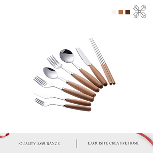 Mintrain不锈钢日式木柄刀叉勺筷子牛排创意调羹餐具丨榉木