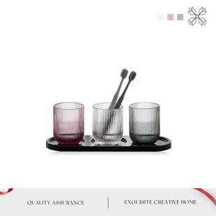 MOLA.About.漱口杯洗漱杯家用陶瓷黑托盘情侣玻璃刷牙杯子 约居
