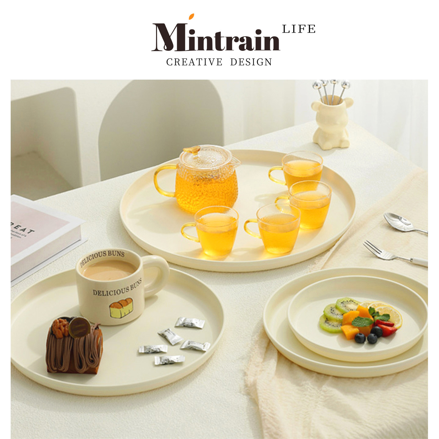 Mintrain.餐用托盘圆形奶油家用水杯杯子茶盘收纳经久耐用 | 跃卫