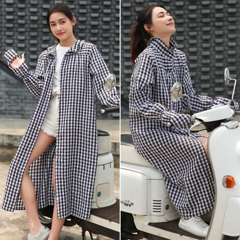 电动车防晒衣女长款防紫外线开衫透气正反穿防晒服格子遮阳衫薄