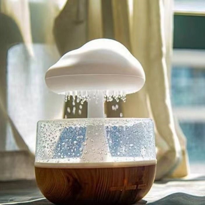 白噪音下雨加湿器加湿器七彩蘑菇云朵雨滴睡觉夜灯香薰机跨境