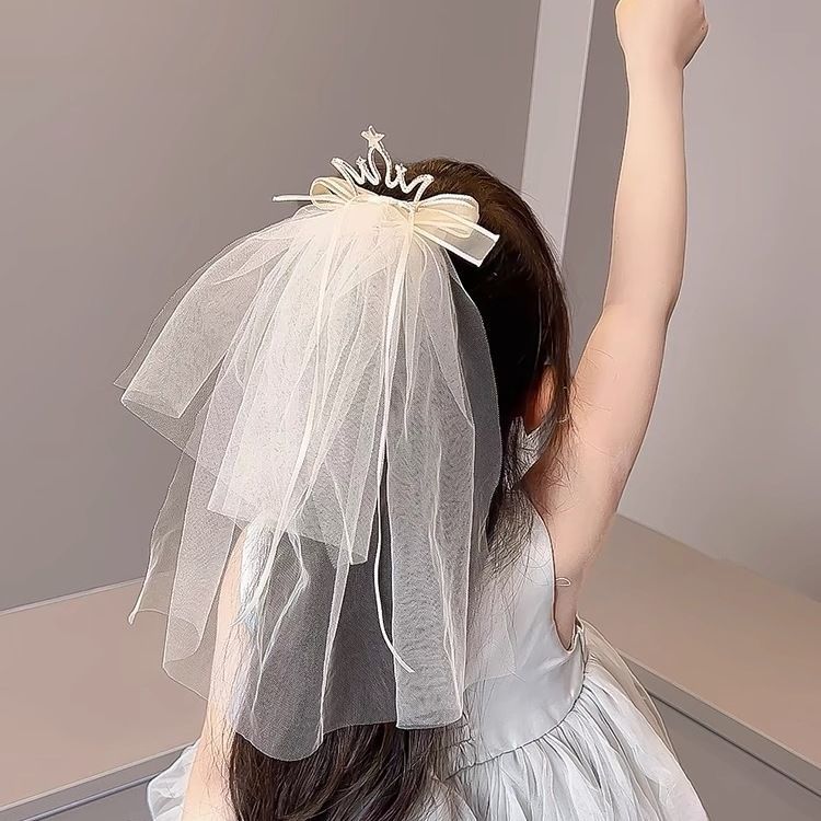 公主女孩头纱皇冠发夹宝宝生日头饰发饰带纱儿童演出拍照发饰顶夹