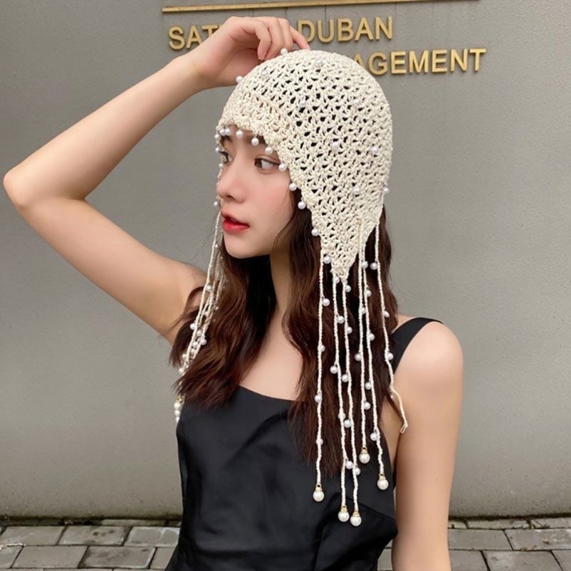 珍珠帽子吊坠头帽帽女手工流苏夏季时尚镂空针织棉线复古民族包头