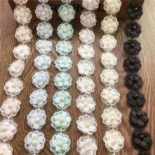 一米32朵蕾丝花边钉珍珠小花朵DIY缝纫手工服装辅料衣帽裙配饰