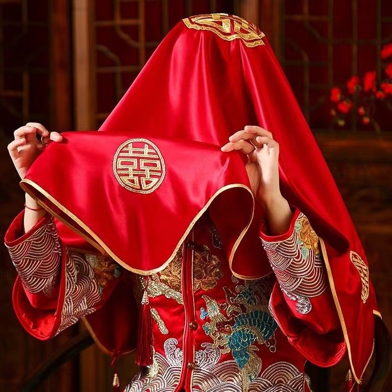 新娘结婚红盖头纱新款中式秀禾服高档半透明古风红色网纱盖头喜帕