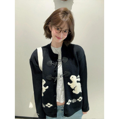 韩系牛角扣兔子绣花长袖t恤2025春秋季新款穿搭慵懒外套开衫上衣