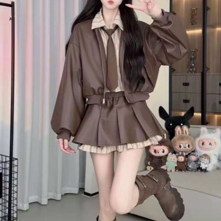 秋季设计感拼接假两件衬衫皮衣夹克领带+显瘦百褶半身裙两件套装