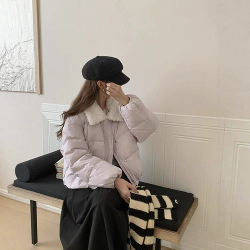韩系甜美羊羔毛翻领短款羽绒服女2025款ins风小个子高级感面包服