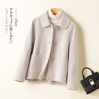 秋冬赫本风双面羊绒大衣女短款小个子娃娃领纯羊毛呢子外套