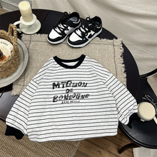 儿童韩版宽松字母条纹打底衫男童休闲撞色上衣长袖T恤潮2025t恤