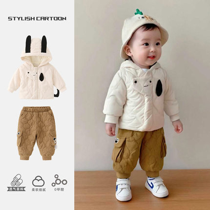 男童秋冬a类套装宝宝卡通带帽韩版上衣婴儿薄棉儿童冬季保暖衣服